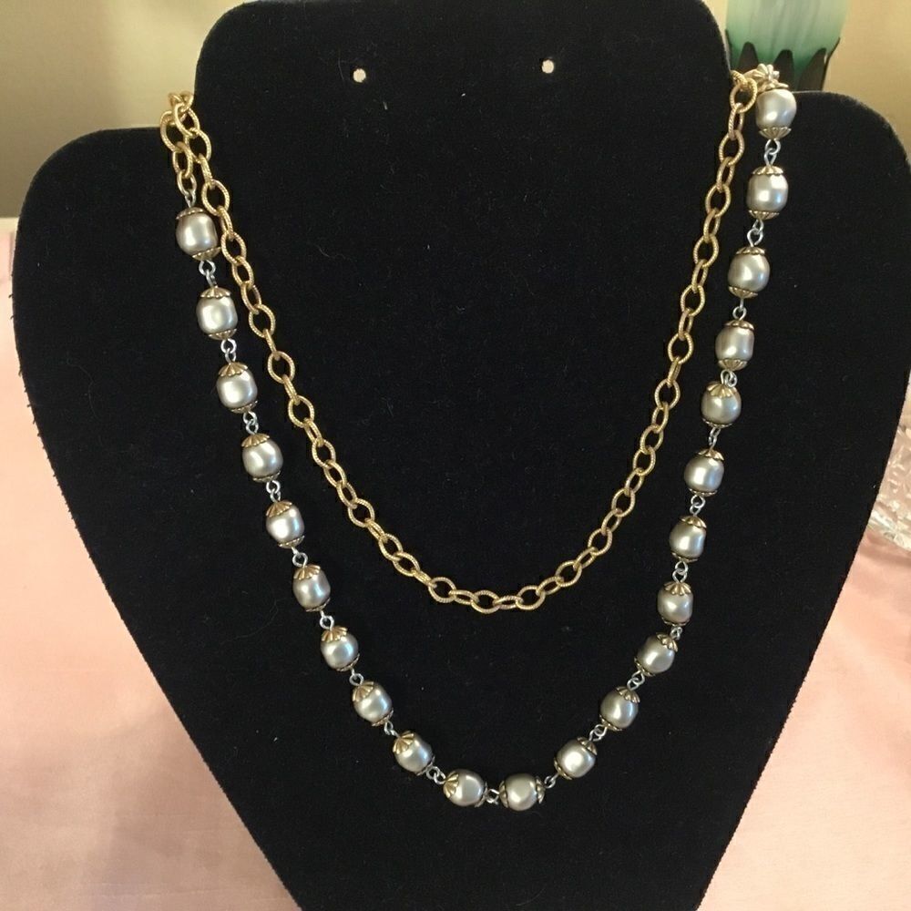 Goldtone Chain Link Necklace with Gray Faux Pearls